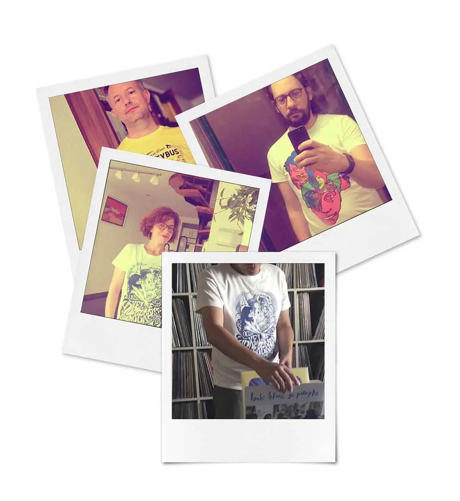 Customers wearing Green Slime Shop t-shirts in different places around the world – collage of user photos in Polaroid style