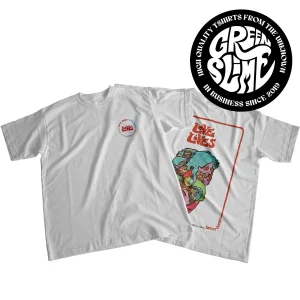 White t-shirt featuring the band LOVE 'Forever Changes' album art, showing both the small circular logo on the front and the psychedelic faces design on the back.