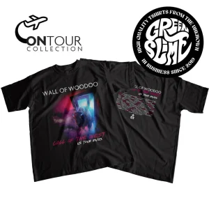 Black “Wall of Voodoo – Call of the West US Tour 82/83” T-shirt featuring a retro neon graphic on the front and tour dates on the back.