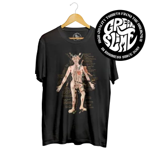 Black Xmal Deutschland T-shirt on hanger, front design featuring medieval anatomical figure illustration.